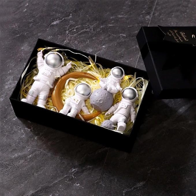 Silver White Astronaut Statues Set of 4, Spaceman Sculptures Figurines Space Theme Decor for Room Shelf Desk Cake Toppers