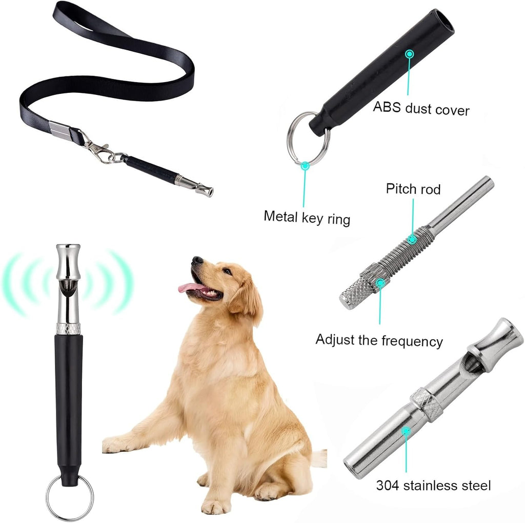 3 PCS Dog Whistles Set, Adjustable Recall Dog Training Whistle Silent Dog Whistle to Stop Barking with Lanyard,Dog Clicker(Black)