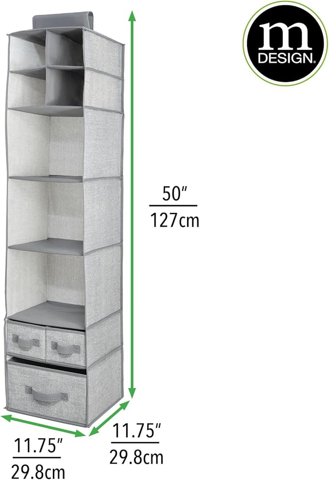 mDesign Fabric Hanging Organizer - Closet Rod Storage - 7 Shelves/3 Drawers for Baby Nursery Bedroom Organization - Hold Clothes, Linens, Toys, Accessories - Lido Collection - 2 Pack - Gray