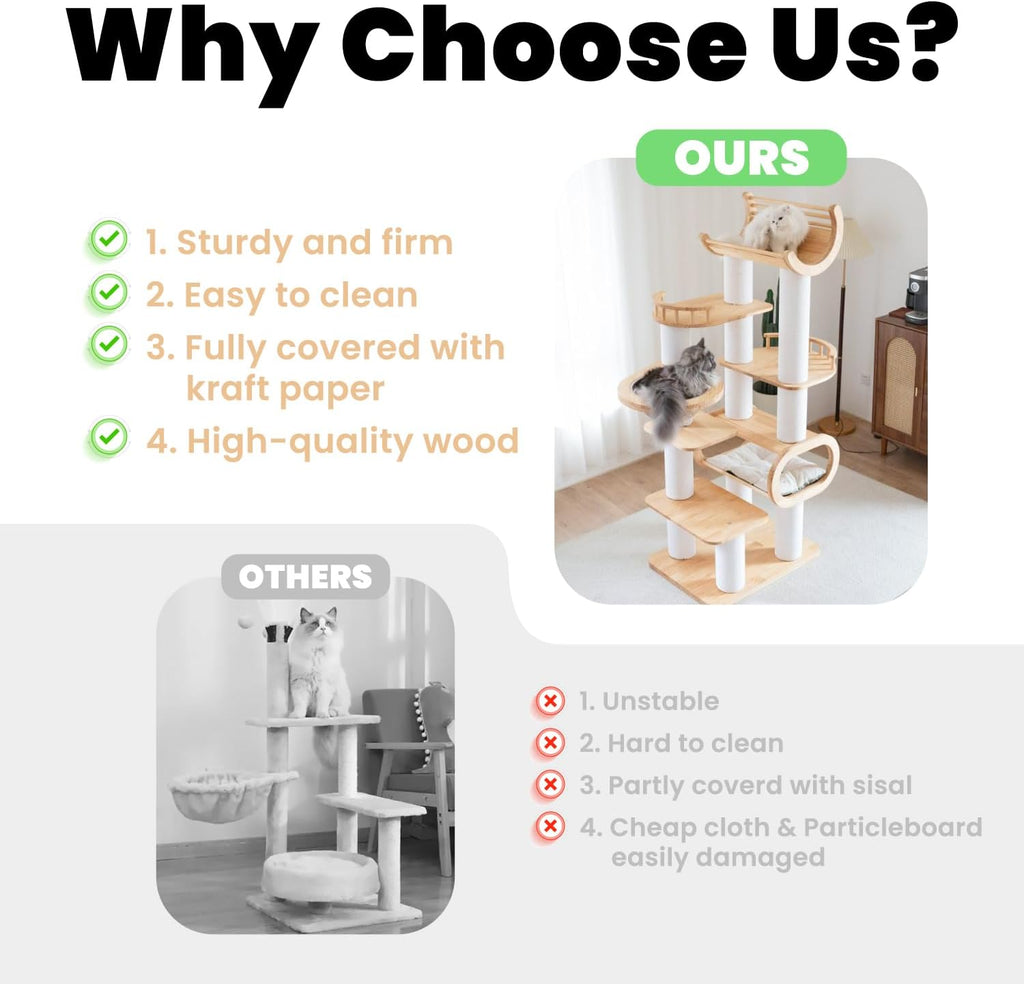 74.8" Modern Cat Tree for Indoor Cats, Tall Wood Cat Tower with Scratching Post, Heavy Duty Luxury Condo with Removable Mats, Multi-Level Cat Furniture for Cats
