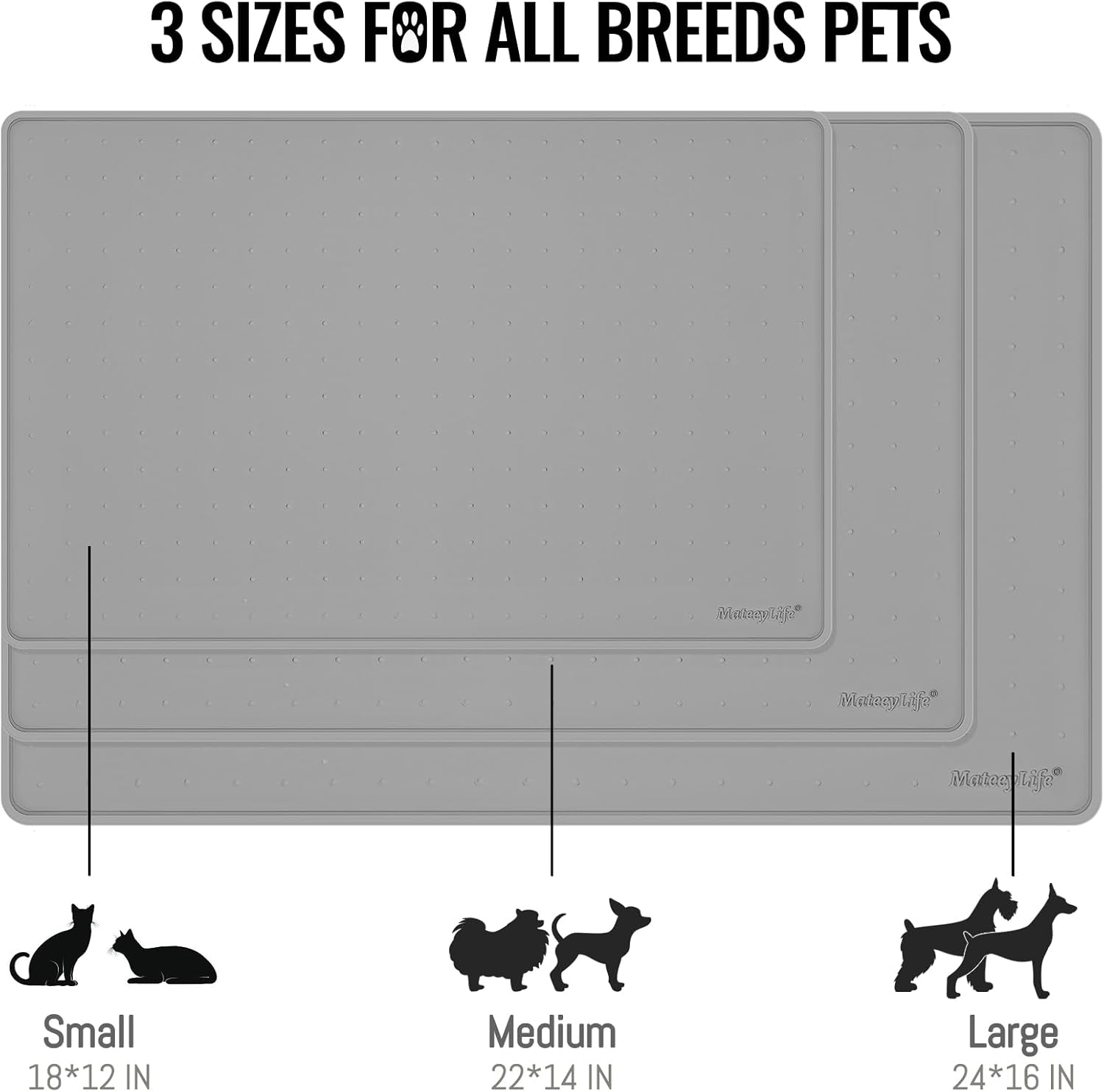 MateeyLife Dog & Cat Food Mat for Floors Waterproof, Nonslip Bowl Mats for Food and Water, Dog Feeding Mats with Raised Edges, Silicone Dog Water Matt Tray for Messy Drinkers, 18"x12", Grey