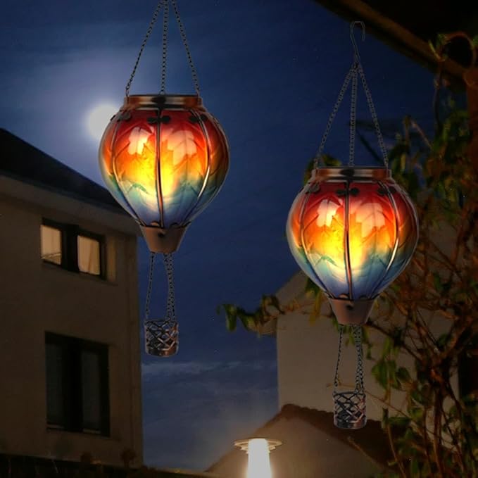 Hot Air Balloon Solar Lantern with Flickering Flame, Glass Hanging Garden Lights Outdoor Waterproof for Tree Yard Patio Mother's Day Gift, 18" H