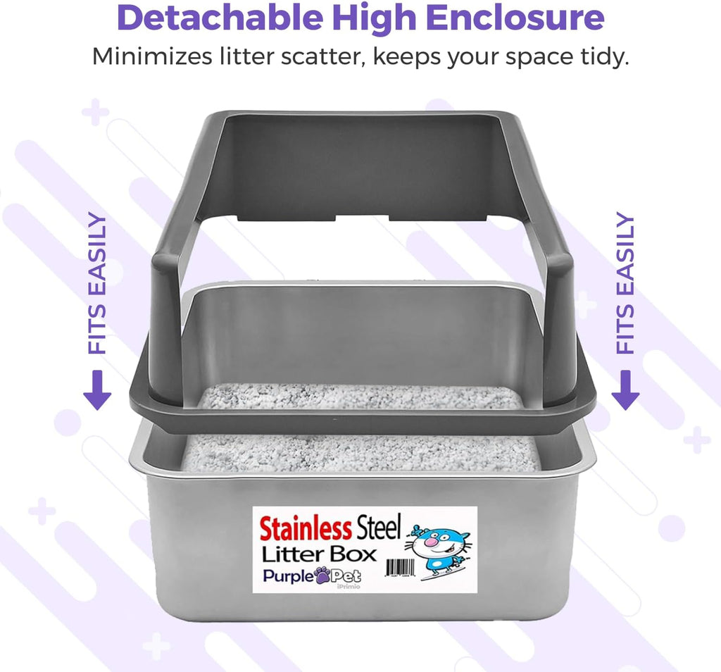 iPrimio - Stainless Steel Litter Box for Cats - Enclosed Sides and Easy to Clean - Includes High-Sided Litter Box, Scooper for Extra Litter Scatter Protection - XL Size for Big Cats - 23.5"x15.5"x6"