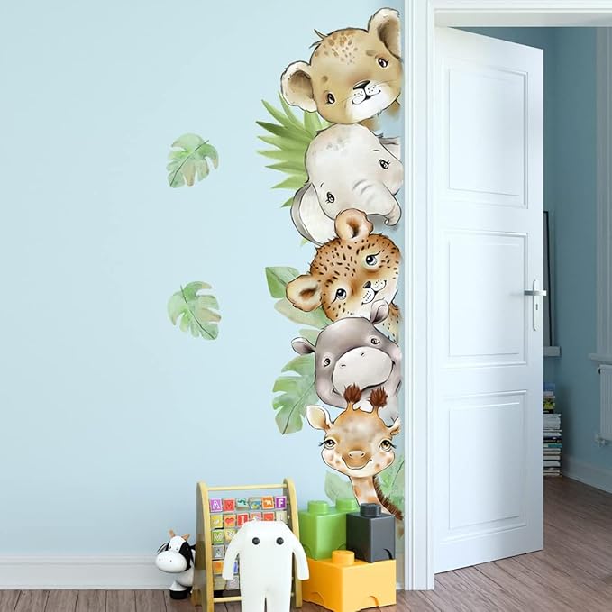 55.1 x 15.7 Inch Watercolor Jungle Animal Wall Decals Forest Animal Wall Sticker Elephant Tiger Giraffe Decals for Baby Nursery Playroom Bedroom Classroom Kindergarten Wall Decor