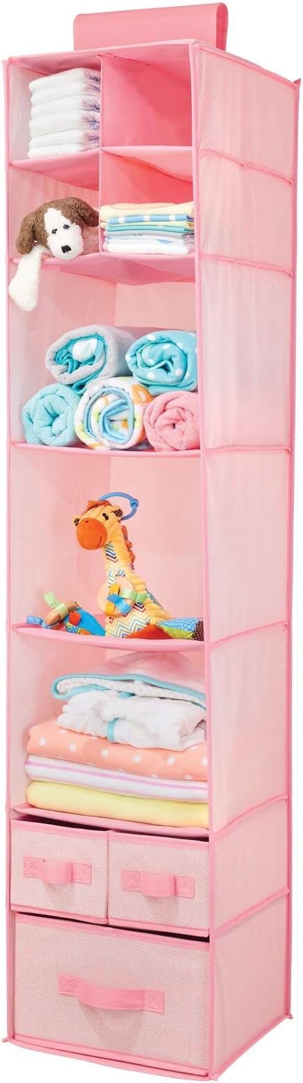 mDesign Fabric Hanging Organizer - Over Closet Rod Storage with 7 Shelves and 3 Removable Drawers for Baby Nursery or Bedroom Organization - Holds Clothes, Linens, Toys, Accessories - Pink Herringbone