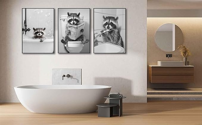 Funny Raccoon Bathroom Canvas Wall Art Black and White Cute Raccoon Sitting on Toilet Poster Print Artwork Humor Adorable Animals Pictures Wall Decor for Washroom Restroom laundry 12x16in Unframed