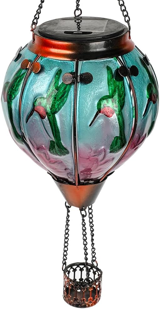 Hot Air Balloon Solar Lantern with Flickering Flame, Glass Hanging Garden Lights Outdoor Waterproof for Tree Yard Patio Mother's Day Gift, 18" H Hummingbird