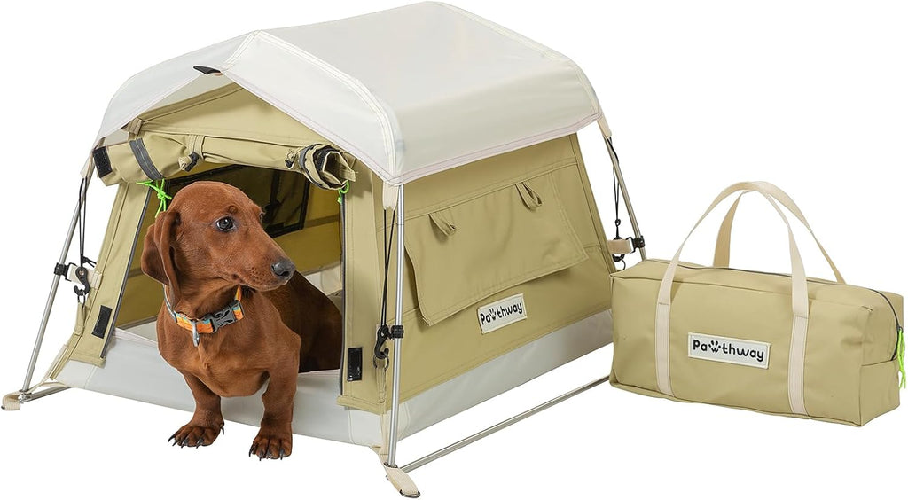 Dog Tent Cotton Fabric, Aluminum Poles and Camping Mat, Outdoor Weatherproof, Dog House Outdoor, Breathable with 2 Side Windows, Portable and Collapsible (Green, Small)