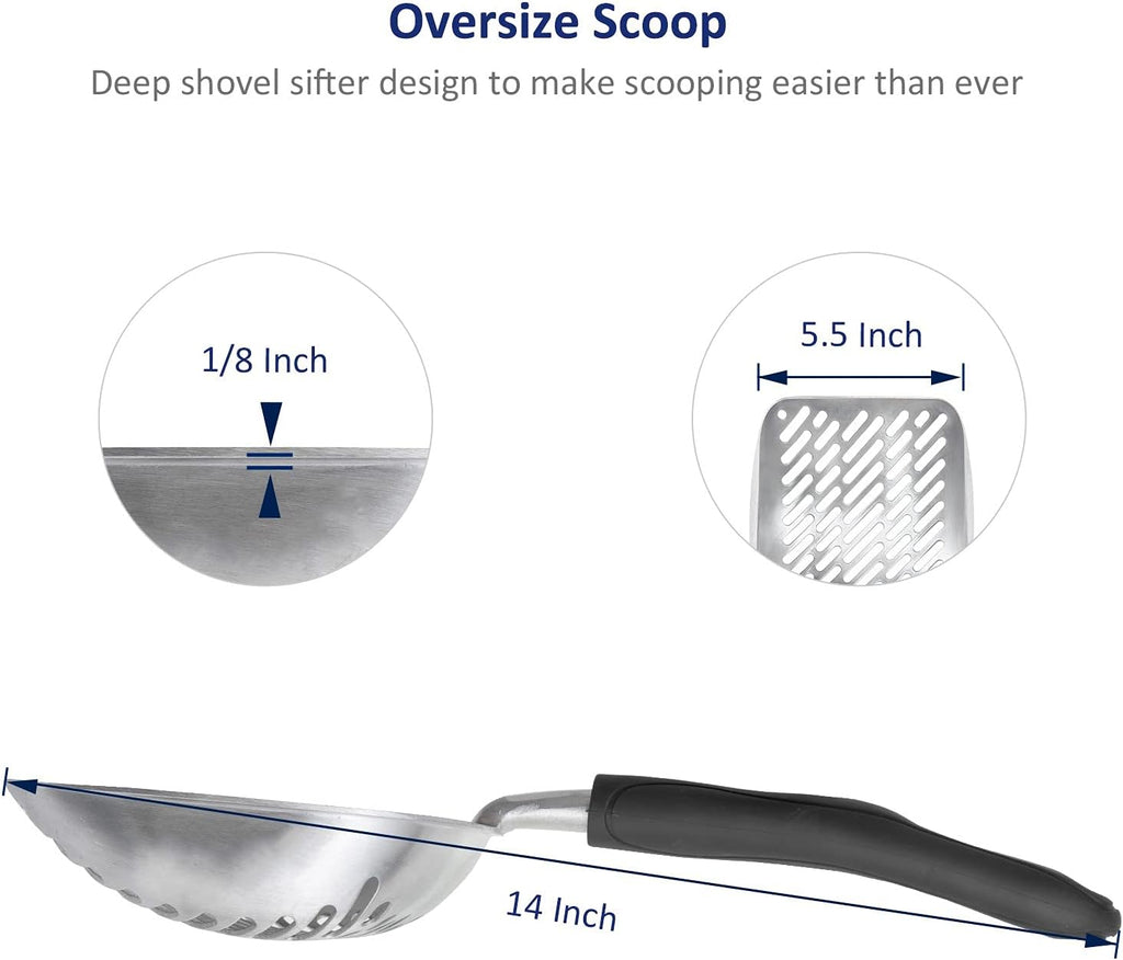 WePet Cat Litter Scoop, Aluminum Alloy Sifter, Kitty Metal Scooper, Deep Shovel with Diagonal Sifting Hole, Long Handle, Kitten Poop Lifter for Litter Box, Large Size, Black Handle