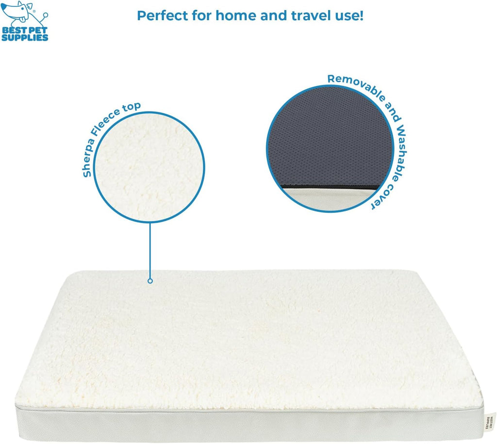 Best Pet Supplies Cute Dog Crate Mat Flat Bed with Waterproof Exterior, Thick Orthopedic Egg Foam Mattress, and Soft Sherpa Fleece Cover for Small, Medium, and Large Breeds - Beige, 35X22X4