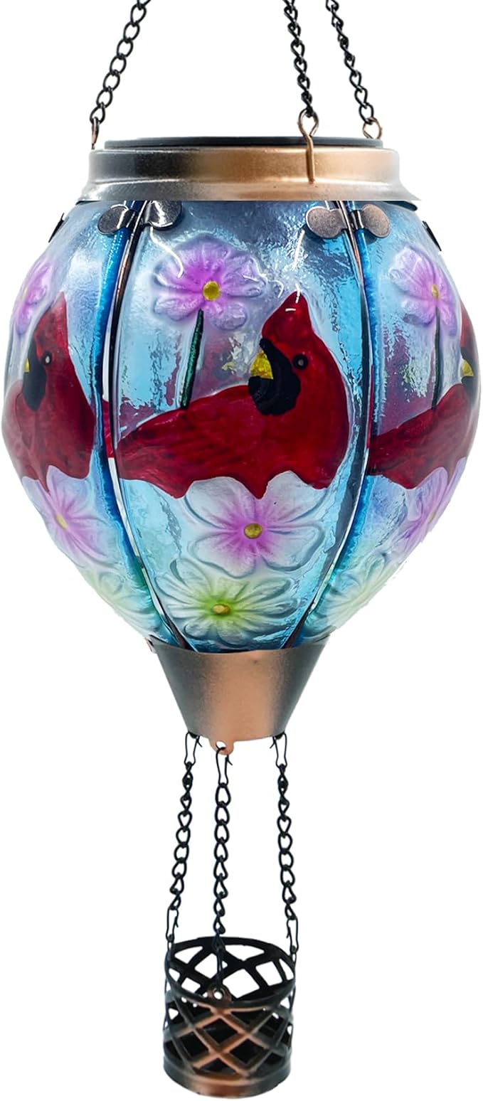 Glass Solar Hot Air Balloon Lantern with Flame Hanging Garden Flickering Light Outdoor Waterproof for Yard Patio Tree Mother's Day Gift, Cardinal