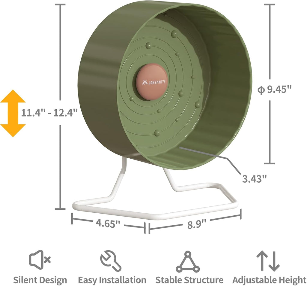 9.5" Silent Hamster Wheel, Non-Slip Track, Exercise, Release Stress, Relieve Anxiety, Adjustable Height Stand, for Syrian Dwarf Hamster, Gerbil, Mice, Other Small Medium Sized Pets, Green