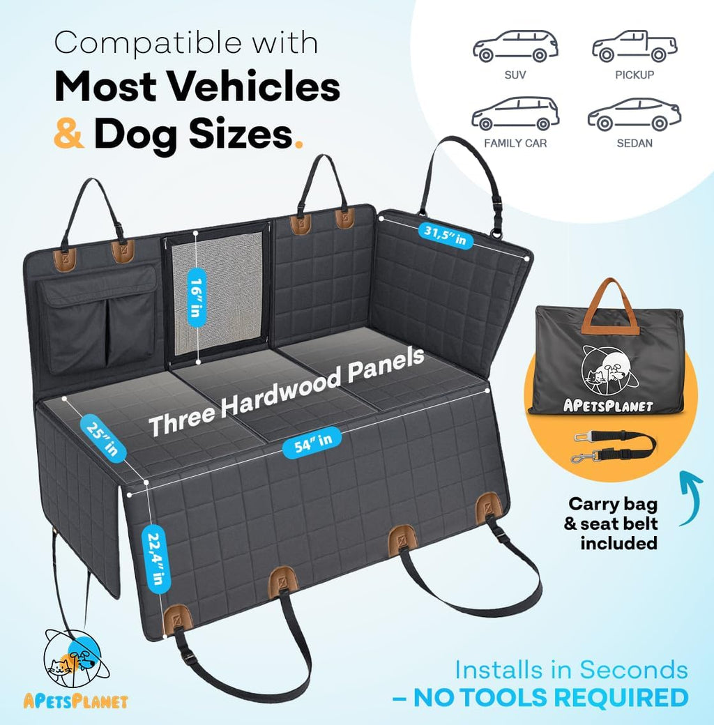 APetsPlanet Dog Car Seat Cover for Back Seat Hard Bottom - Waterproof Backseat Extender for Dogs - Pet Hammock for Car, Truck, SUV - Protector Bed with Mesh Window & Storage - Black, with Door Covers