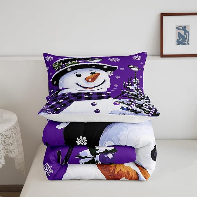 Feelyou Kids Christmas Theme Decorations Bedding Set Xmas Snowman Comforter Set for Boys Girls Snowflake Kawaii Cute Purple Bedroom Collection Twin Size