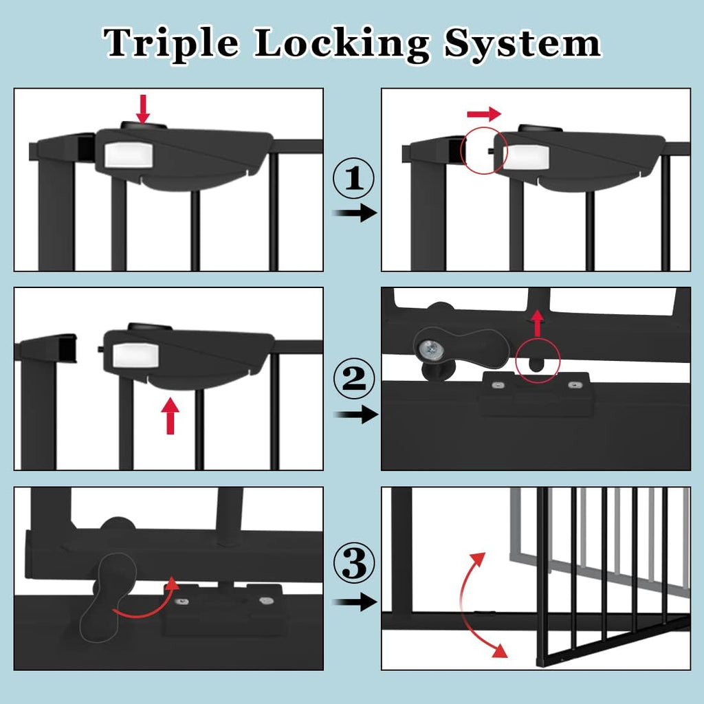 WAOWAO Triple Lock Baby Gate Extra Wide 76.77-81.49" Pressure Mounted Walk Through Swing Auto Close Safety Black Metal Dog Pet Puppy Cat for Stairs,Doorways,Kitchen