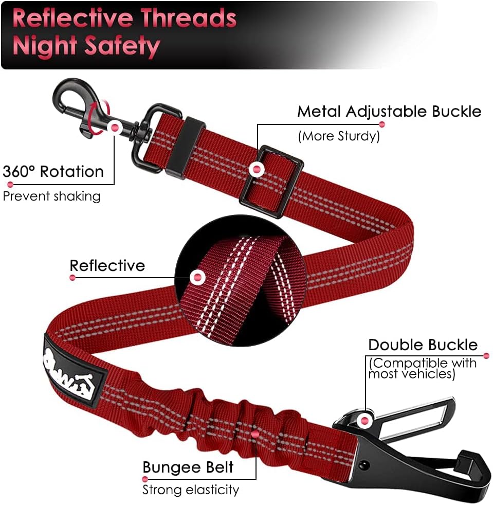 SlowTon 2 Pack Dog Seat Belt, 2 in 1 Attachment, Hook Latch Bar or Seatbelt Buckle with Elastic Nylon Bungee Buffer Adjustable Reflective Nylon Safety Belt Tether Connect to Dog Harness (2pack-R)