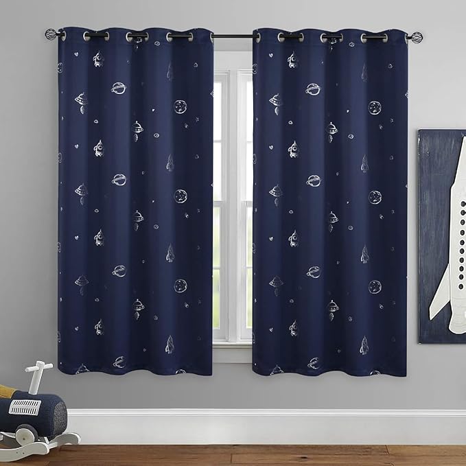 Vangao Navy Blue Kids Curtains for Boys Bedroom Space Theme Blackout Curtains for Kids Nursery Girls Room 63 Inches Length Silver Foil Print Drapes Grommet Top Window Treatments Set 2 Panels