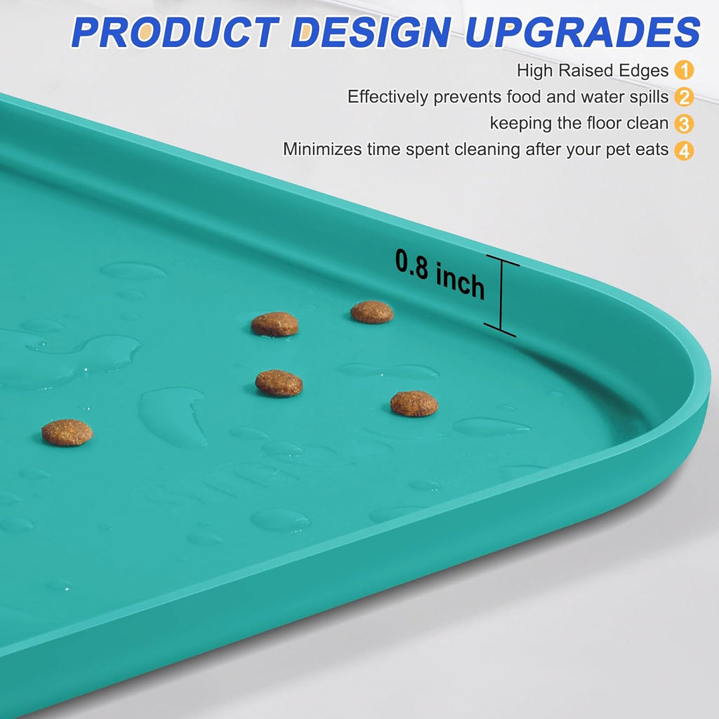 Silicone Pet Feeding Mat with Raised Edge for Food and Water, Dog Bowl Mats, Cat Bowls Placemat with High Lip for Floor Waterproof, Rubber Tray for Cats and Dogs 22 x 14 x0.8 Dark Turquoise