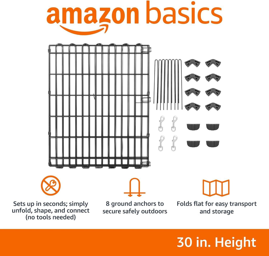 Amazon Basics Foldable Octagonal Metal Exercise Dog Playpen - Indoor/Ou, , Blacktdoor, No Door, Small (8 Panels, 24 x 30), Easy to assemble, store, and customize, 30" - Small, Black