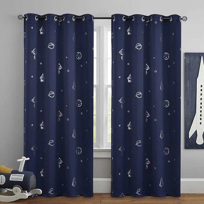 Vangao Navy Blue Kids Curtains for Boys Bedroom Space Theme Blackout Curtains for Kids Nursery Girls Room 96 Inches Length Silver Foil Print Drapes Grommet Top Window Treatments Set 2 Panels