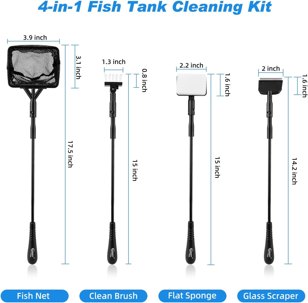 hygger Small Fish Tank Cleaner, Aquarium Cleaning Tools Kit with Handle, Seaweed Scraper, Fishing Net, Sponge Brush,Wall Brush (M)