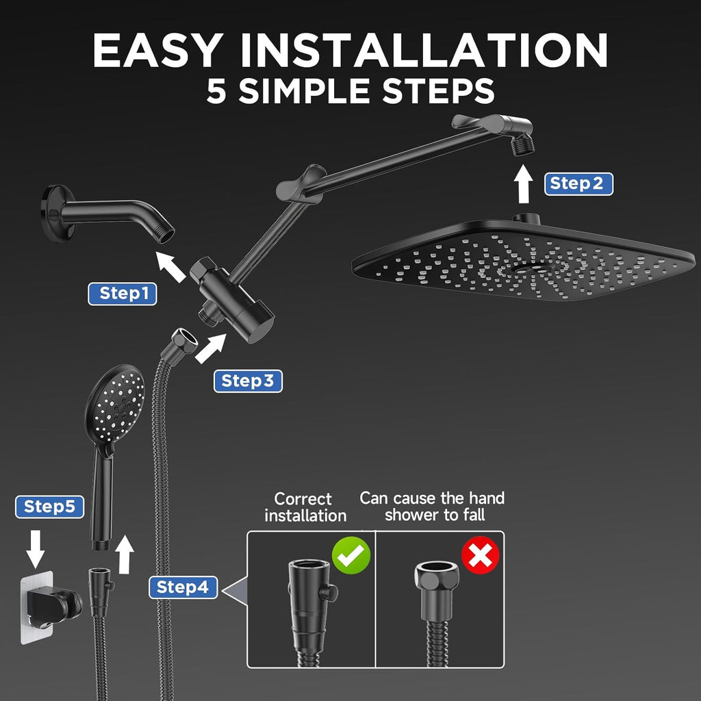 Veken Wide Rain Shower Head with 6 Modes Handheld Water Spray，High Pressure Showerhead Combo with Arm for Bathroom Accessories，Home Decor Adjustable Dual Shower with Anti-Clog Nozzles，Matte Black