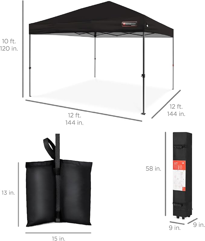Best Choice Products 12x12ft 1-Person Setup Pop Up Canopy Tent Instant Portable Shelter w/ 1-Button Push, Case, 4 Weight Bags - Black