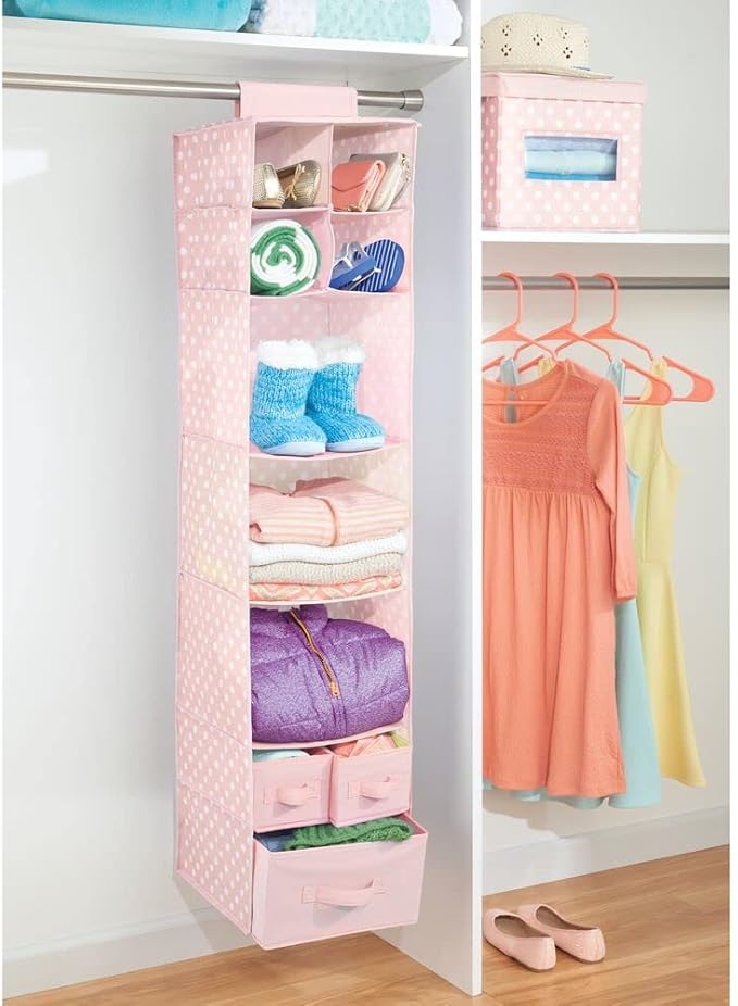 mDesign Fabric Hanging Organizer - Over Closet Rod Storage with 7 Shelves and 3 Removable Drawers for Baby Nursery Bedroom Organization - Holds Clothes, Toys, Accessories - Pink/White Polka Dot