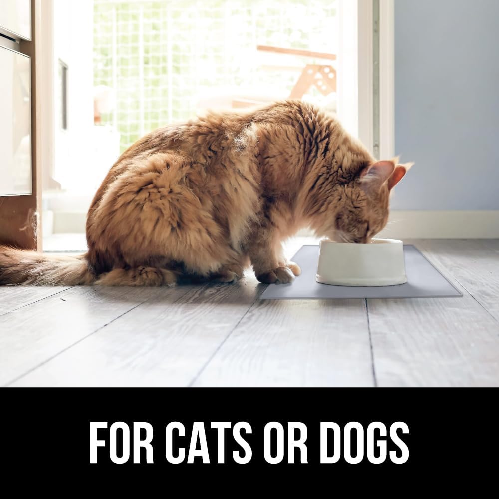 GORILLA GRIP 100% Waterproof Raised Edge BPA Free Silicone Pet Feeding Mat, Dog Cat Food Mats Contain Spills Protects Floors, Placemats for Cats, Dogs Water Bowl, Pets Accessories 16x10, Light Gray