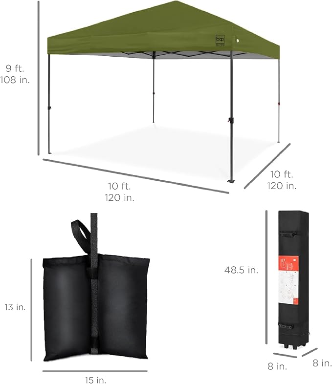 Best Choice Products 10x10ft 1-Person Setup Pop Up Canopy Tent Instant Portable Shelter w/ 1-Button Push, Case, 4 Weight Bags - Olive Green
