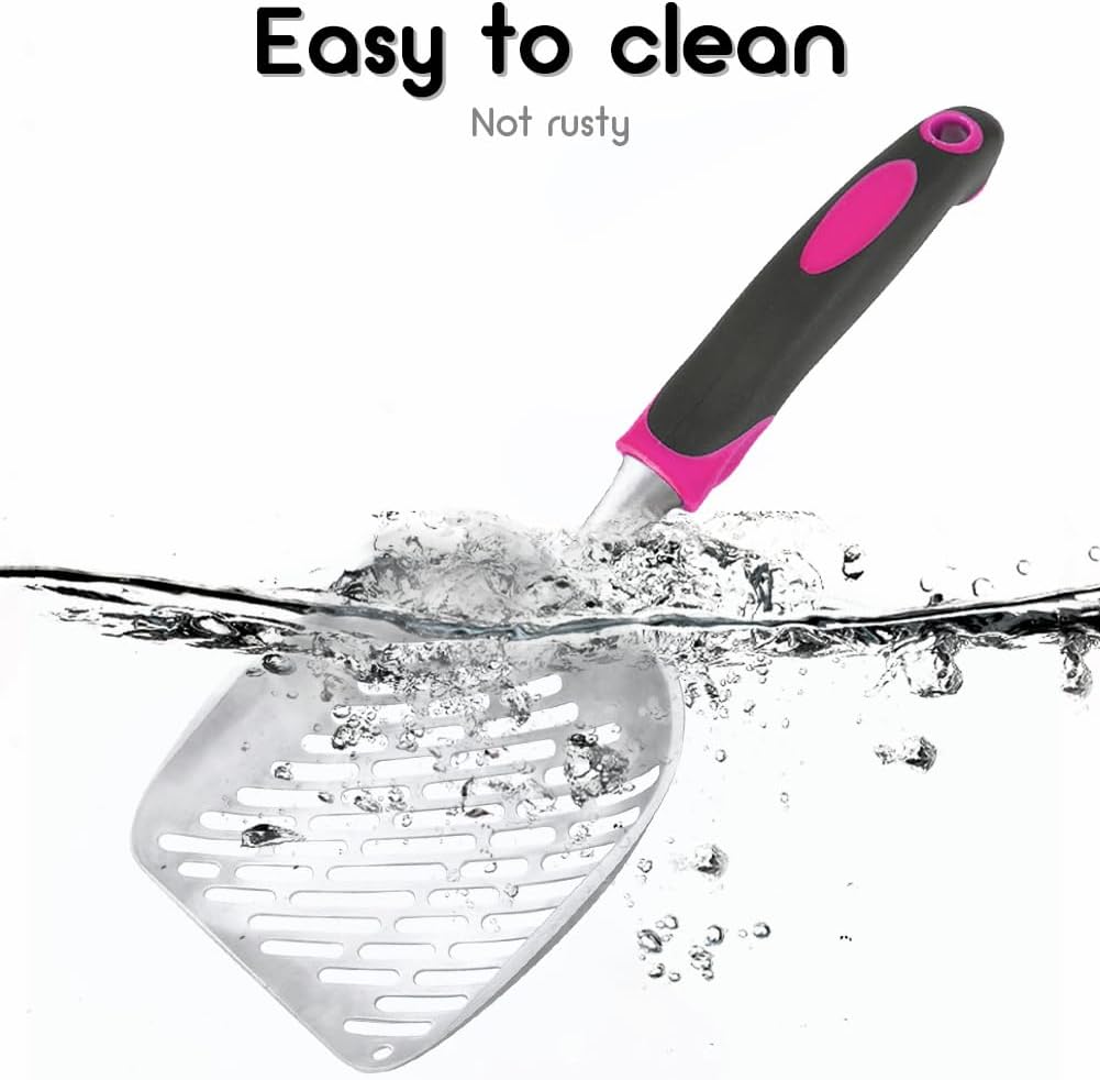 Cat Litter Scoop-Metal Cat Scooper-Long Handle Scoop,Cat Scooper-Poop Sifting-Mesh Shovel-Suitable for Cat Litter Box, (Rose Red)