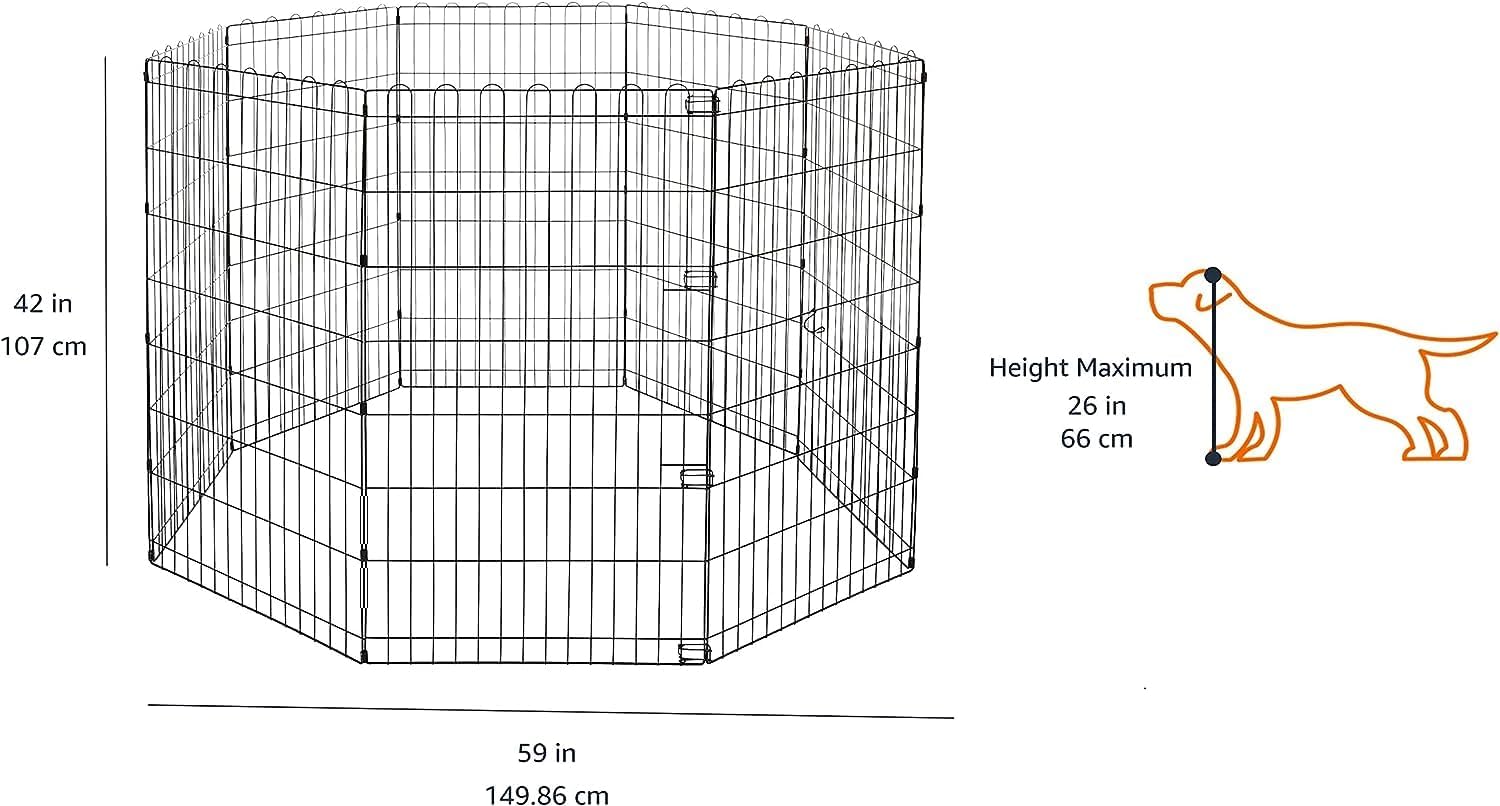 Amazon Basics Foldable Octagonal Metal Exercise Dog Playpen - Indoor/Outdoor, No Door, Large (8 Panels, 24 x 42), Easy to assemble, store, and customize, 42" - Large, Black