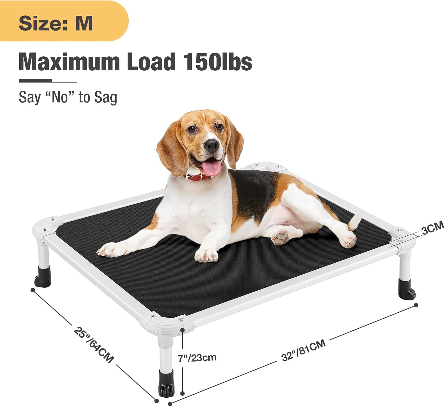 Veehoo Chew Proof Elevated Dog Bed - Cooling Raised Pet Cot - Silver Aluminum Frame and Durable Textilene Mesh Fabric, Unique Designed No-Slip Feet for Indoor or Outdoor Use, Black, Medium, CWC2003