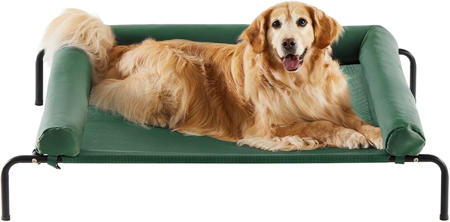 RRPETHOME Large Elevated Cooling Dog Bed, Raised Dog Cot Beds for Large Dogs, Elevated Outdoor Pet Cot, Chew Proof Portable Cooling Pet Cot with Skid-Resistant Feet and Breathable Mesh