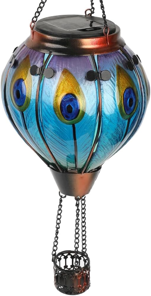 Solar Hot Air Balloon Lanterns with Flame with Shepherd's Hooks, Glass Hanging Flickering Lights Outdoor Waterproof for Garden Tree Yard Patio Mother's Day Gift, 18" H Peacock-Blue