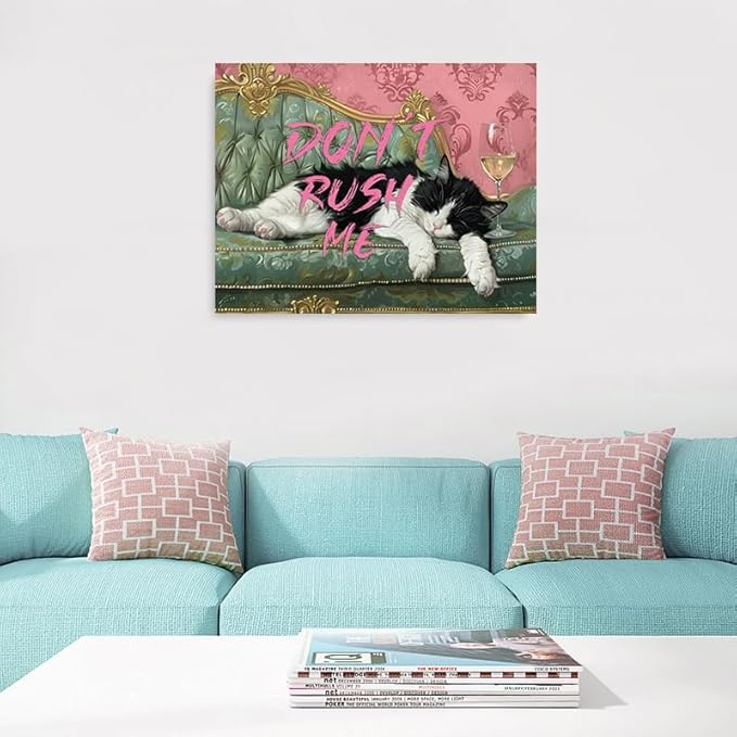 Vintage "Don't Rush Me" Cute Lazy Black and White Cat Picture Wall Decor Framed Retro Funny Animal Canvas Wall Art Prints Poster Painting for Living Room Bathroom Bedroom Home Kitchen (16"x12")