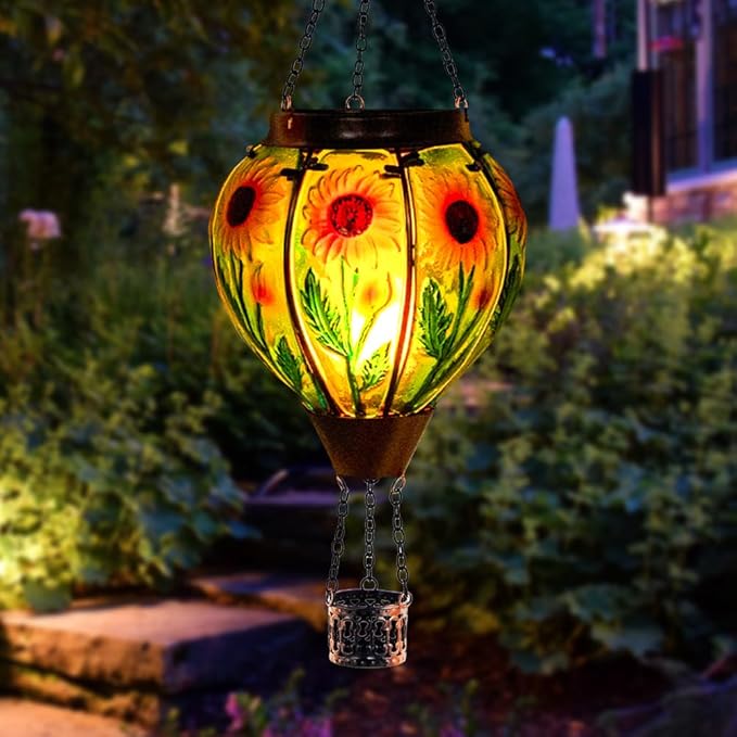Starsoul Sunflower Hot Air Balloon Solar Lantern Glass Outdoor Hot Air Balloon Solar Flickering Flame Light Waterproof Hanging Lamp Garden Patio Yard Party Decor
