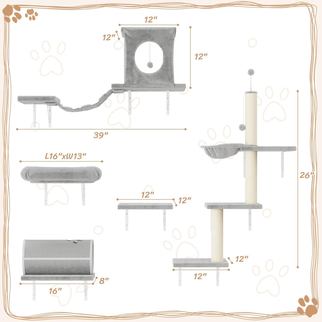 NUNU LAB Wall Mounted Cat Furniture, 7 Pcs Cat Wall Shelves with House, Tunnel, Bridge, Steps, Scratcher, Hammock, Bed, Indoor Safe & Stable Furniture for Kittens Play, Gray