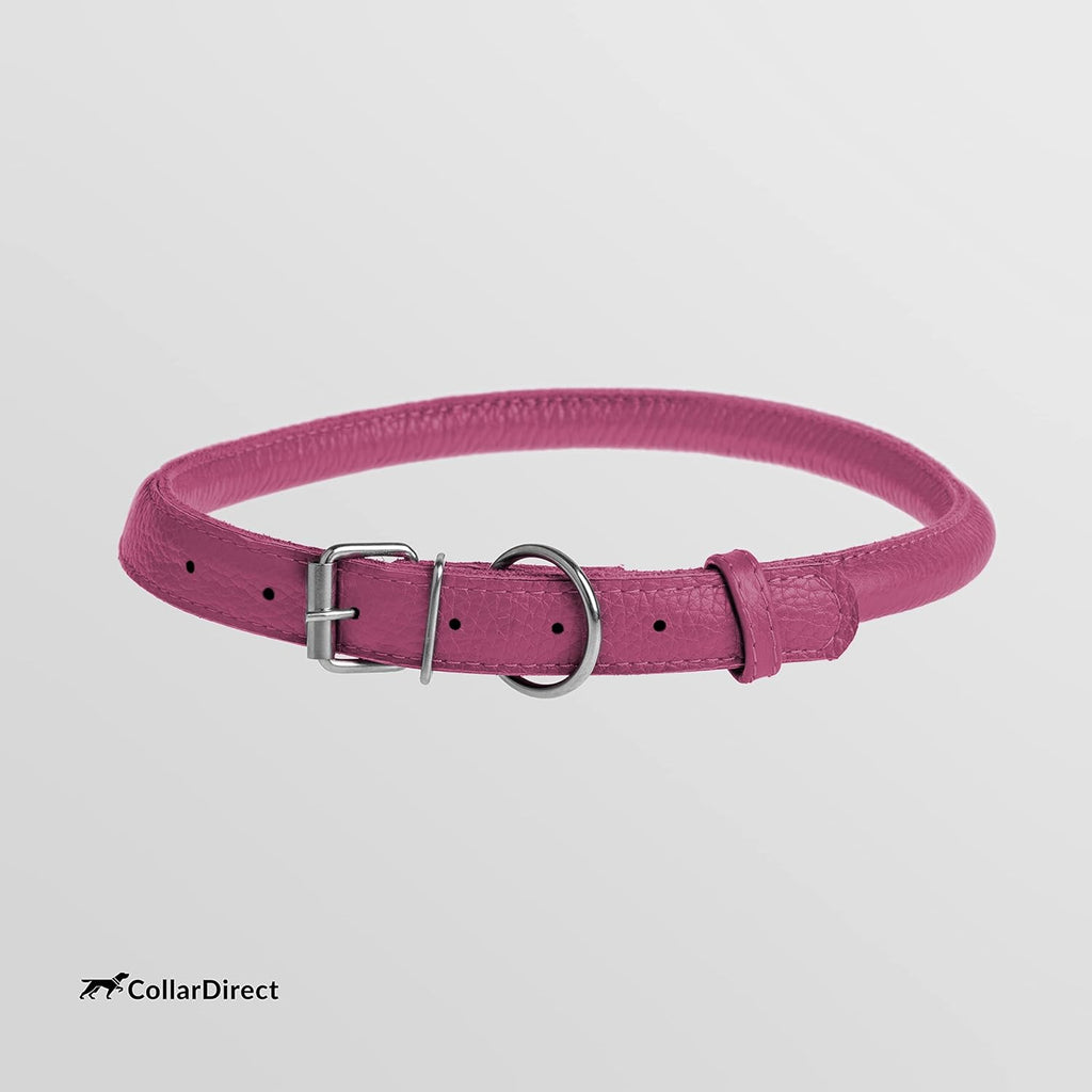 CollarDirect Rolled Leather Dog Collar, Soft Padded Round Puppy Collar, Handmade Genuine Leather Collar Dog Small Large Cat Collars 13 Colors (15-19 Inch, Pink Textured)