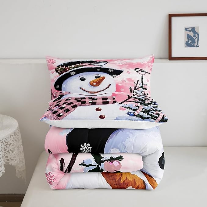 Feelyou Kids Christmas Theme Decorations Bedding Set Xmas Snowman Comforter Set for Boys Girls Snowflake Kawaii Cute Comforter Watercolor Pink Quilt Set Bedroom Collection Toddler Size