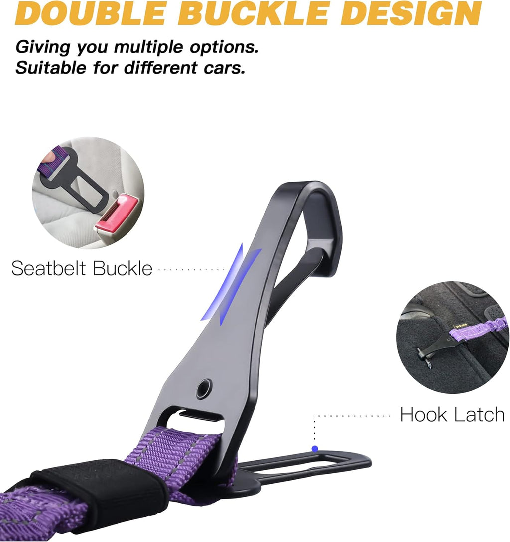 AUBELL Dog Seat Belt for Car,Updated 3-in-1 Adjustable Reflective Bungee Heavy Duty Dog Car Harness Tether with Clip Hook Latch & Buckle,Swivel Zinc Alloy Carabiner,Purple