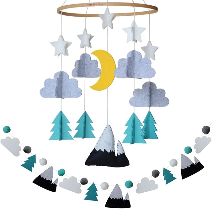 Sorrel + Fern Baby Crib Mobile (Starry Woodland Night w/Garland, Mint) - Nursery Decoration Crib Mobile and Baby Shower for Boys & Girls