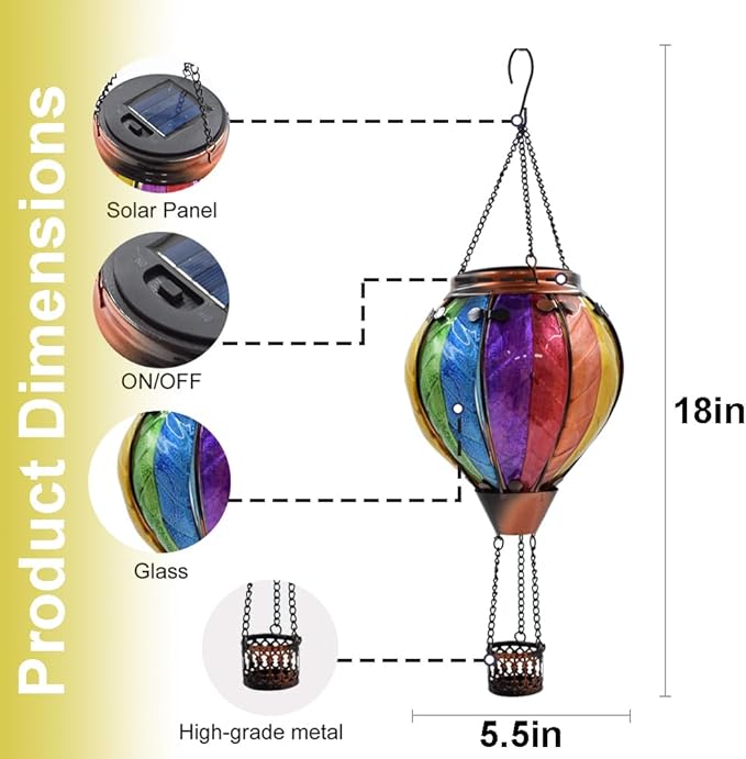 Hot Air Balloon Solar Lantern with Flickering Flame, Glass Hanging Garden Lights Outdoor Waterproof for Tree Yard Patio Mother's Day Gift, 18" H Colorful-A