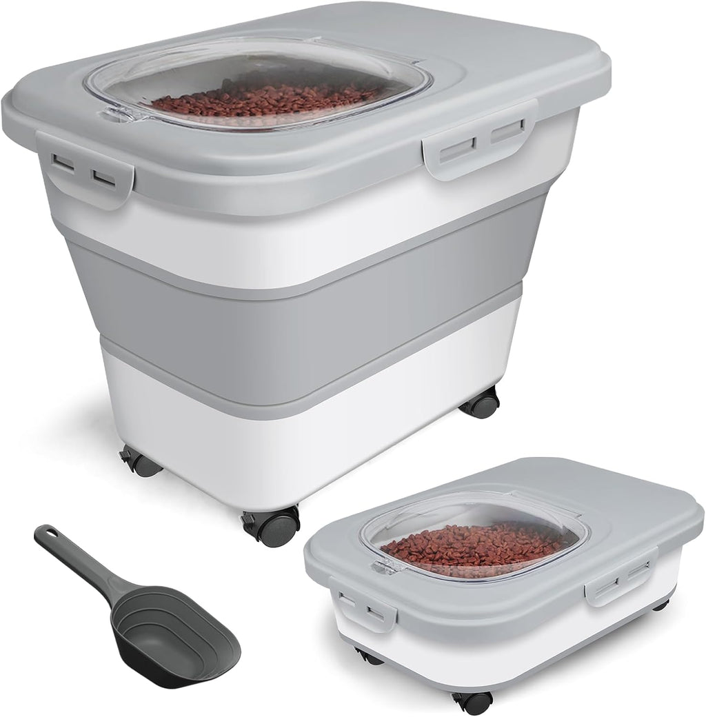 Dog Food Storage Container, 10-20lbs Collapsible Dog Cat Food Containers with Airtight Clear Flip-top，Rolling Wheel and Pet Food Scoop, Pet Food Storage Container Bin for Dog Cat Bird Pets