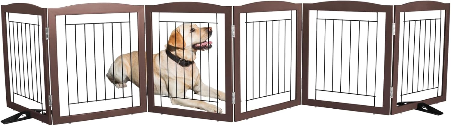 ZJSF Freestanding Dog Fence Indoor, Foldable Dog Gate for Doorways, Stairs or Hallways, Sturdy Wood Extra Wide Pet Gate with Support Feet for The House, Brown, 24 "Height-6 Panels