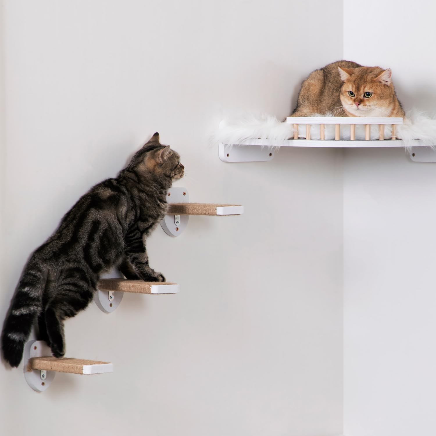 3pcs Wall Mounted Cat Steps, Climbing Furniture, Shelves With Hemp Rope Covered, Solid Wood Ladder for Playing and Climbing (Standard-White)