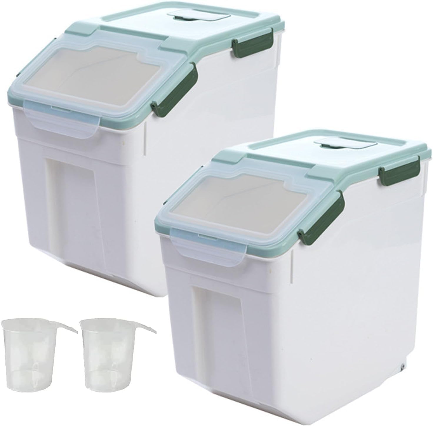 AnRui Rice Storage Container 50LB, Airtight Flour Storage Containers, Plastic Cereal Grain Dispenser Organizer Pet Food Storage Bin with Lid, Measuring Cup, Scoop, Green, 2Pcs(Total Capacity:100LBS)