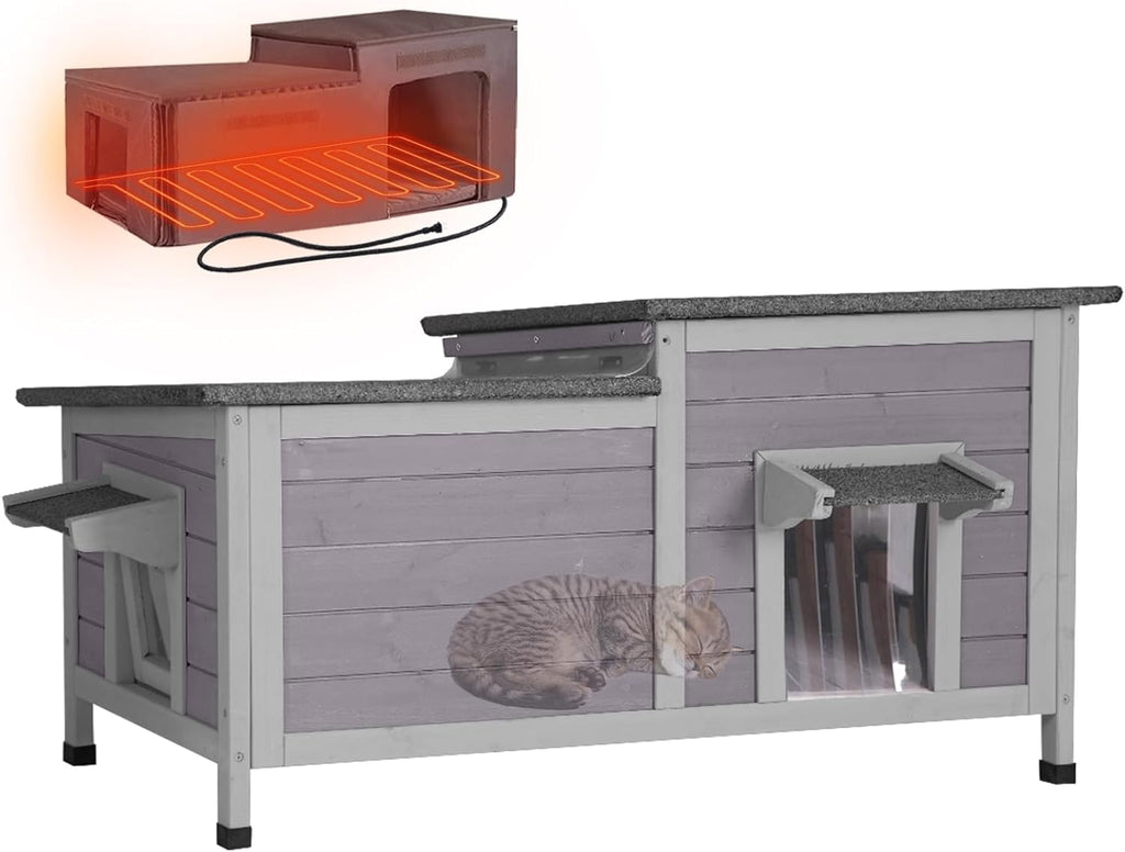 GUTINNEEN Outdoor Cat House Weatherproof Feral Kitty Shelter for Winter Cat Condo with Large Opening Roof (1-Story(AIR93-Heated))