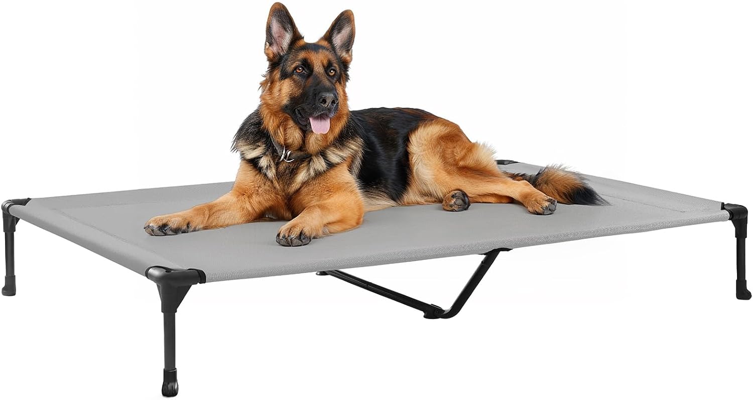 Veehoo Outdoor Elevated Dog Cot Bed, Cooling Raised Pet Bed for X-Large Dog, Washable Breathable Mesh Hammock Bed with No-Slip Feet, Indestructible Ground Off Training Platform Cot-49"x33" Grey