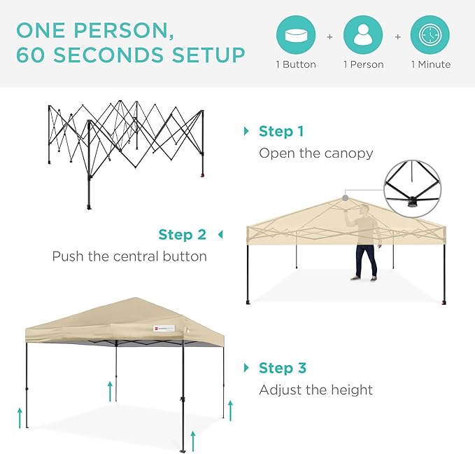 Best Choice Products 12x12ft 1-Person Setup Pop Up Canopy Tent Instant Portable Shelter w/ 1-Button Push, Case, 4 Weight Bags - Sand